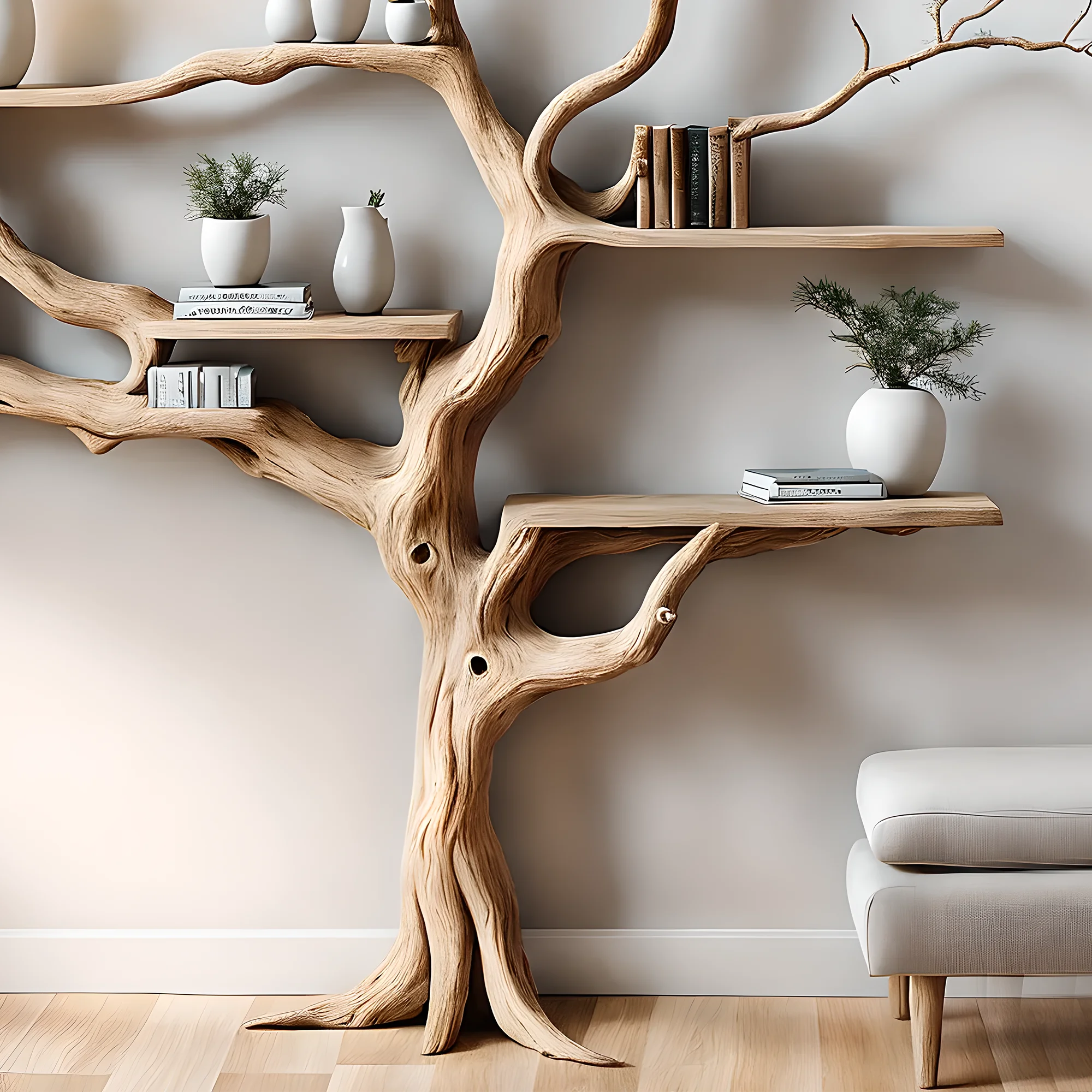 Bookshelf shaped like a perennial tree, driftwood bookshelf 50 years old or more, decorative bookshelf 