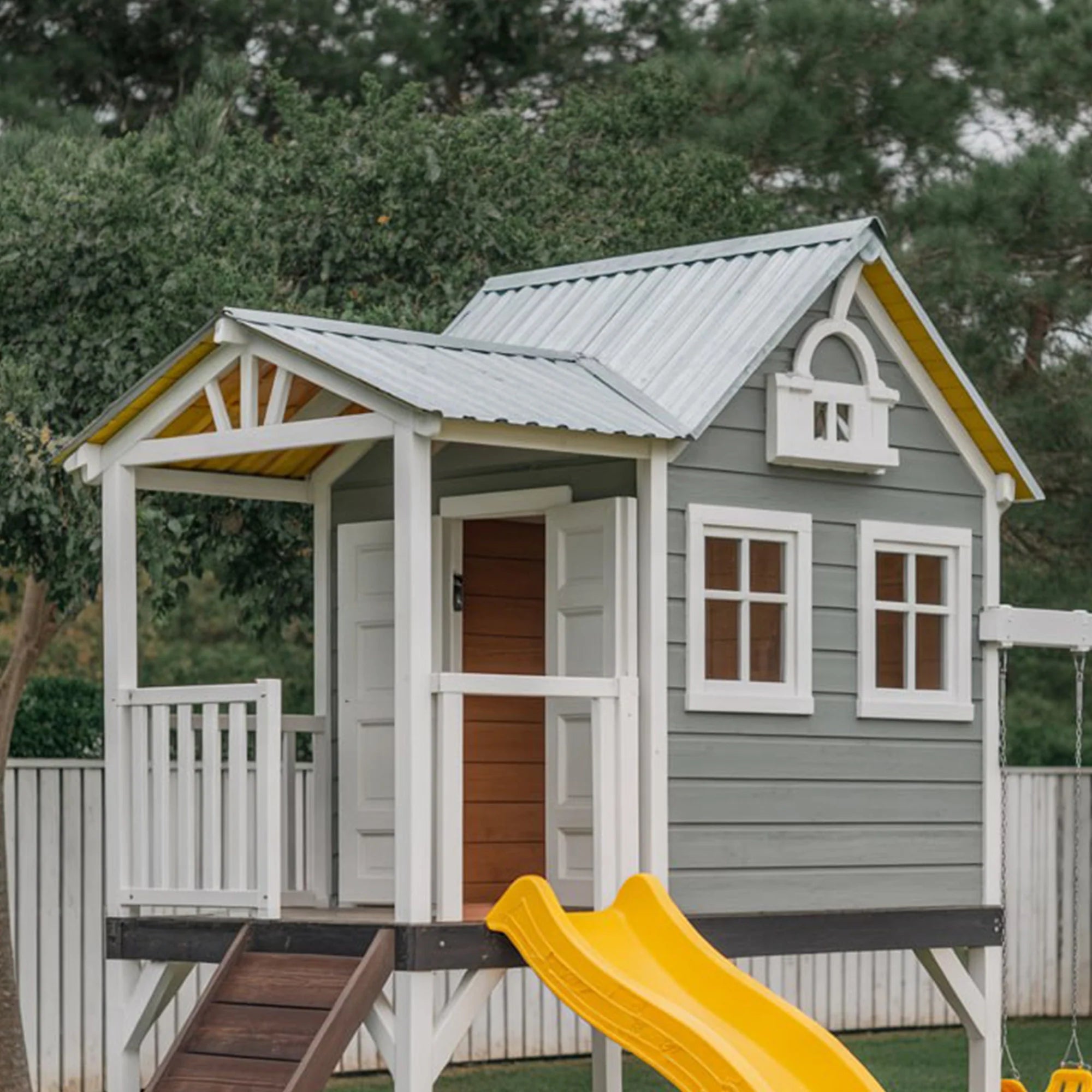 Modern Kids Playhouse with Slide and Swings – Outdoor Backyard Fun