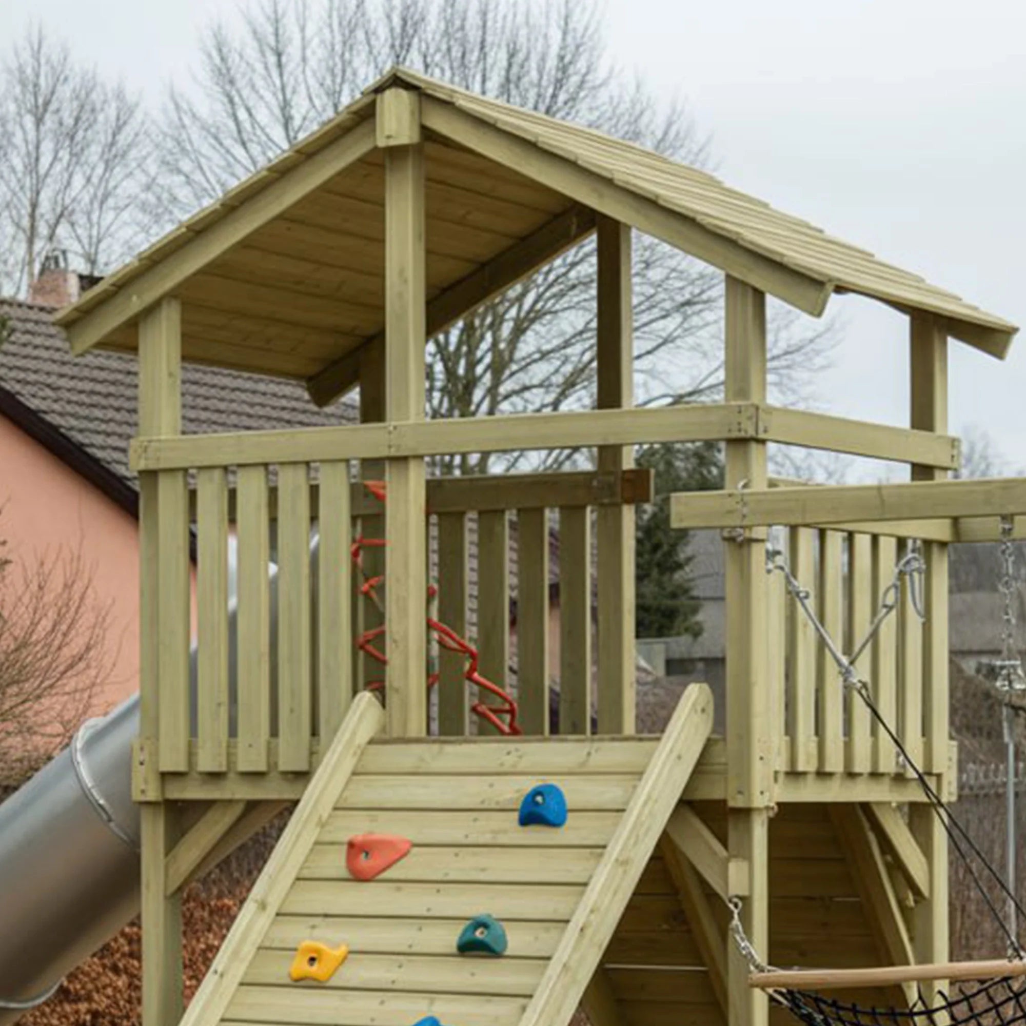 Outdoor Wooden Playset with Slide, Climbing Wall, Hammock Swing & Covered Playhouse | 22ft x 12ft x 9ft