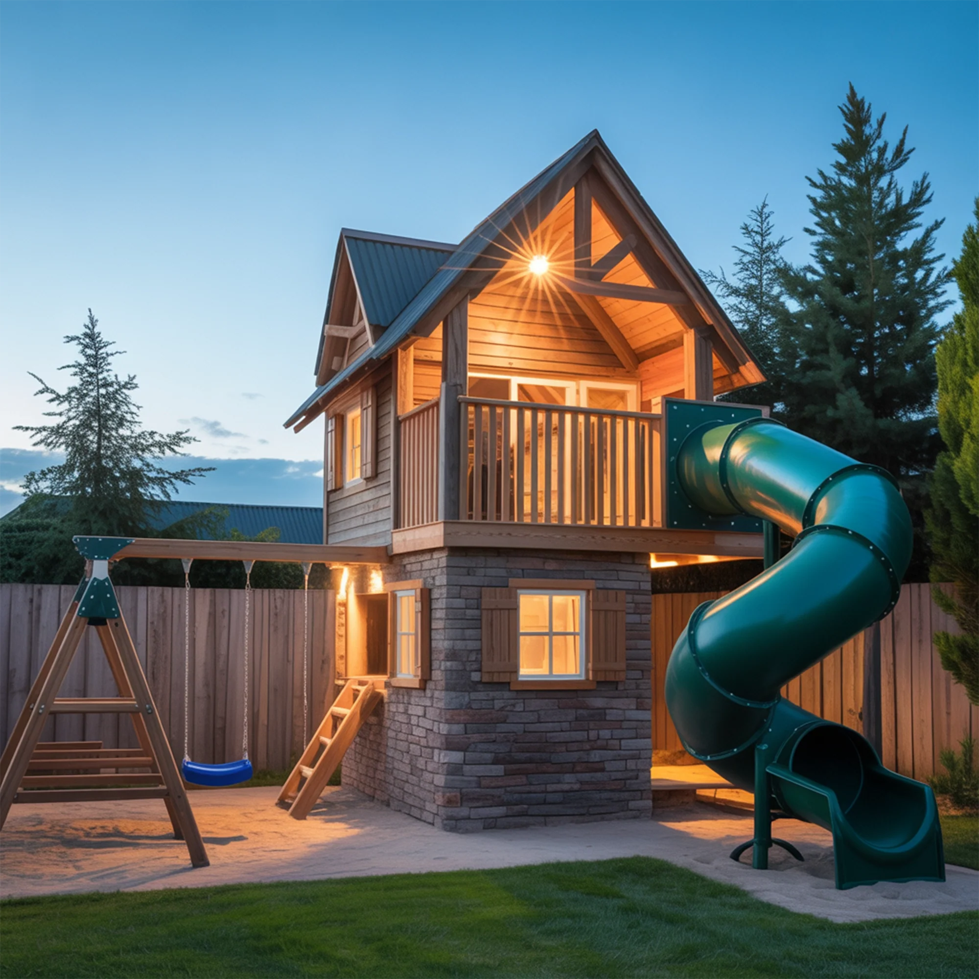 Luxury Wooden Playhouse with Spiral Tube Slide & Swings | Two-Story Outdoor Playground for Kids Backyard Fun
