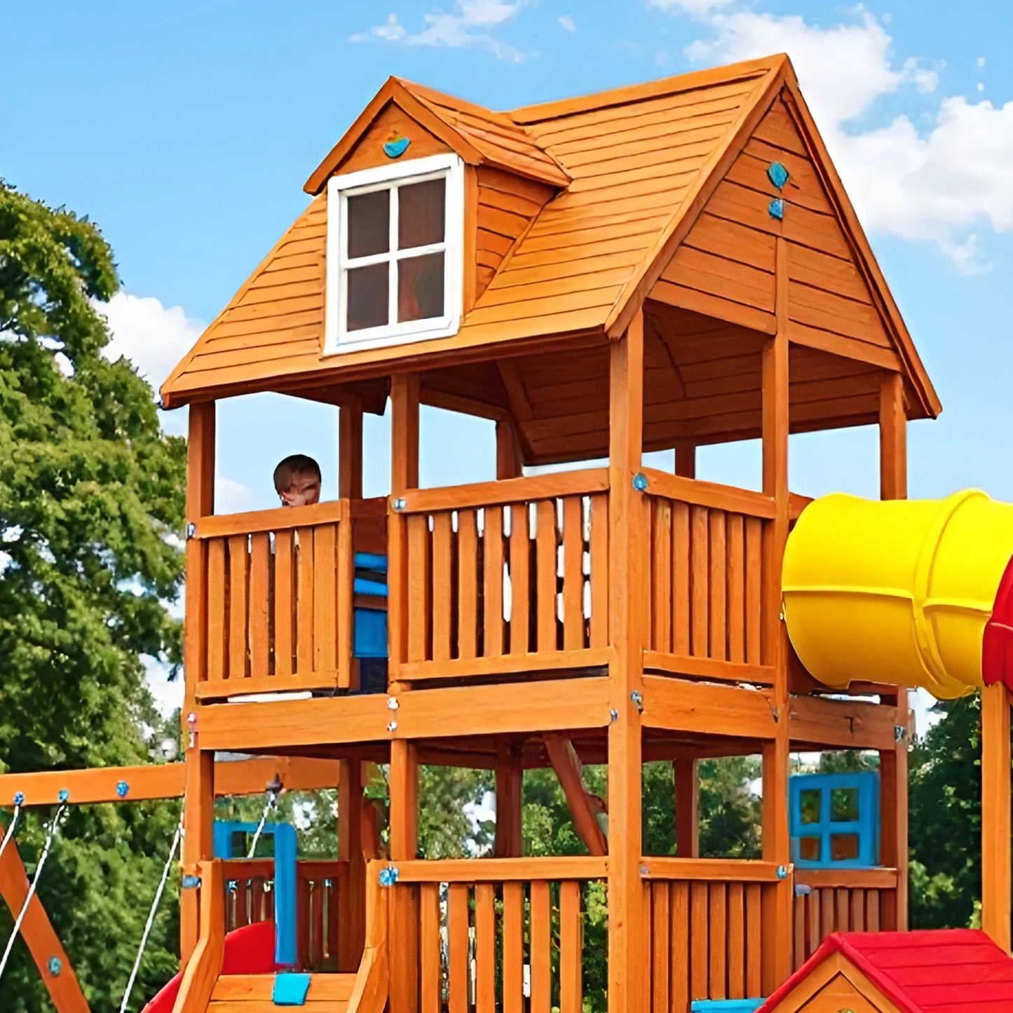 Classic Wooden Swing Set with Slide & Playhouse for Kids