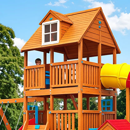 Classic Wooden Swing Set with Slide & Playhouse for Kids