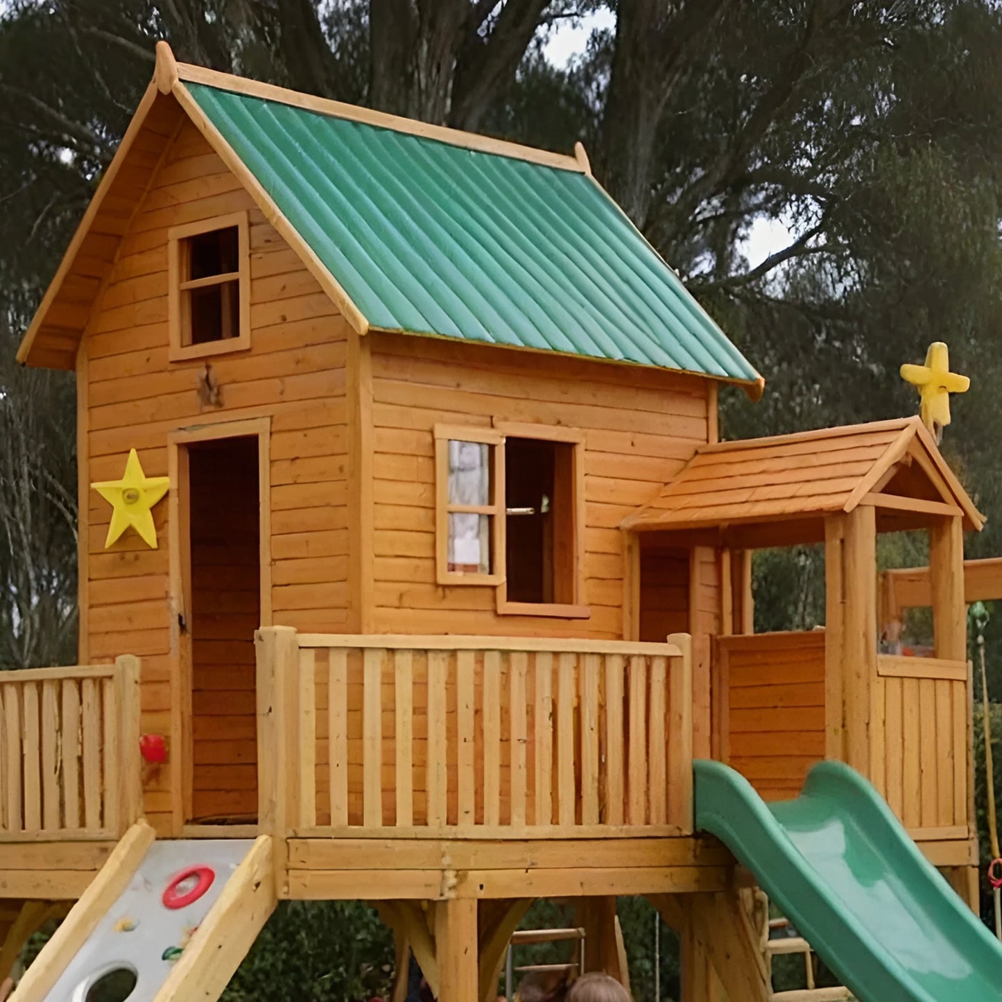 Deluxe Wooden Swing Set with Playhouse, Slides & Climbing Features