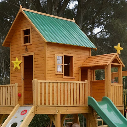 Deluxe Wooden Swing Set with Playhouse, Slides & Climbing Features