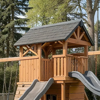 Backyard Playhouse Swing Set with Double Slides, Monkey Bars & Swings
