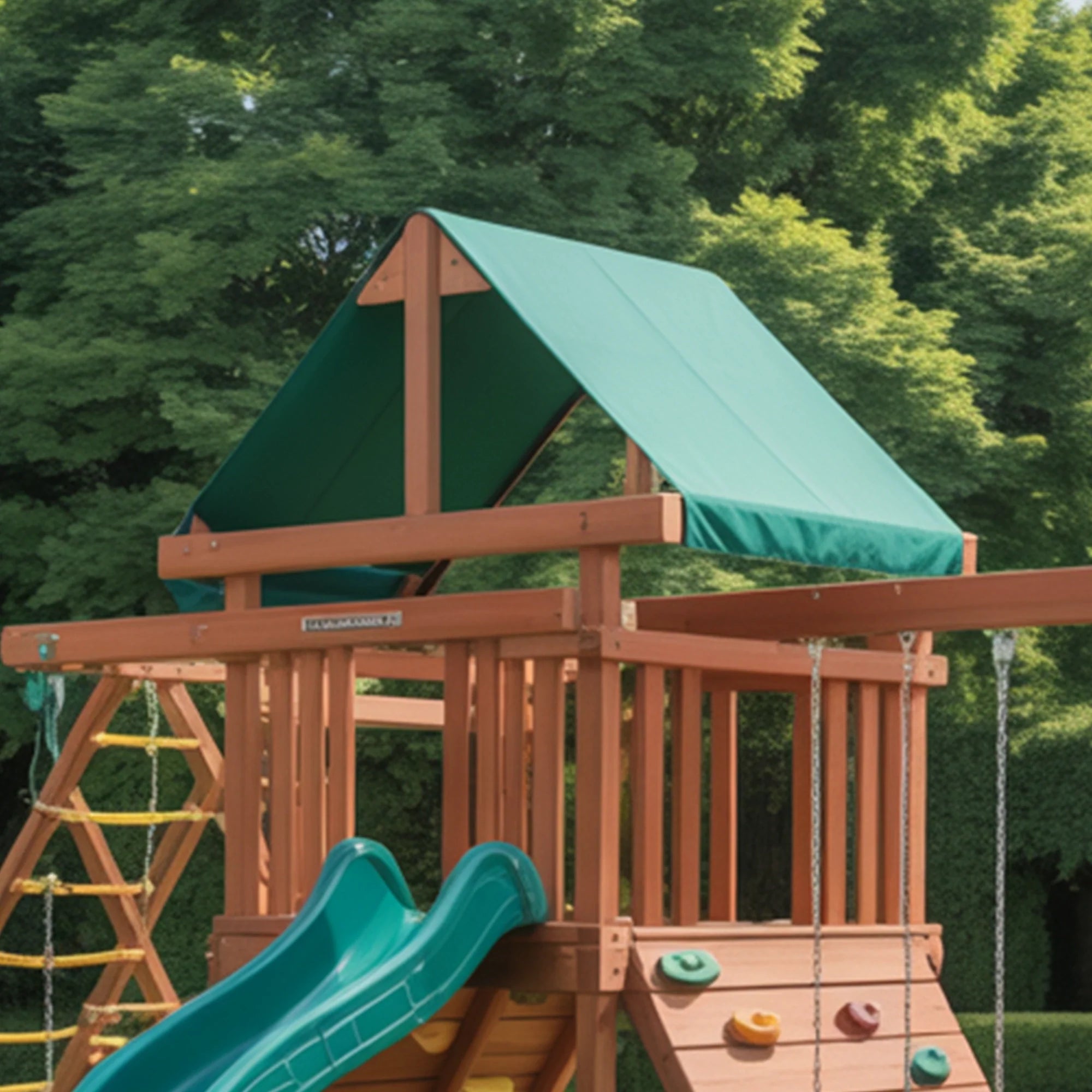 Backyard Wooden Playset with Double Swing, Rock Climbing Wall, Green Slide & Canopy Roof – Outdoor Adventure Playground, 22x10x9ft