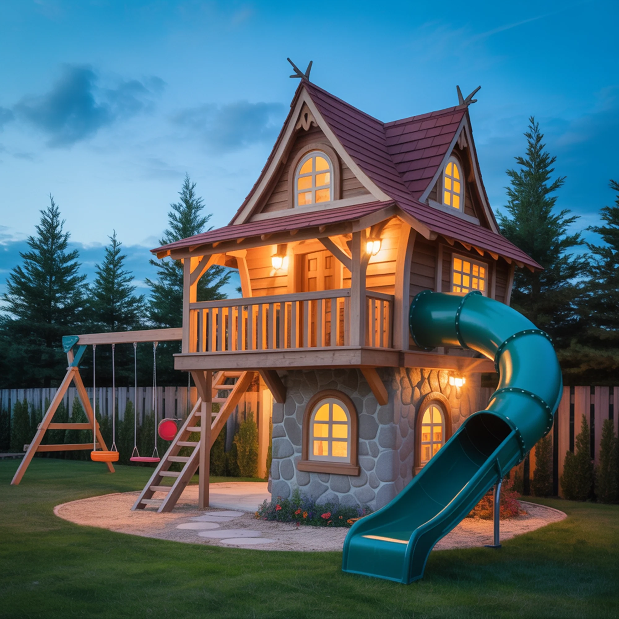 Whimsical Wooden Playhouse with Spiral Slide & Swings | Two-Story Outdoor Playground for Kids Adventure