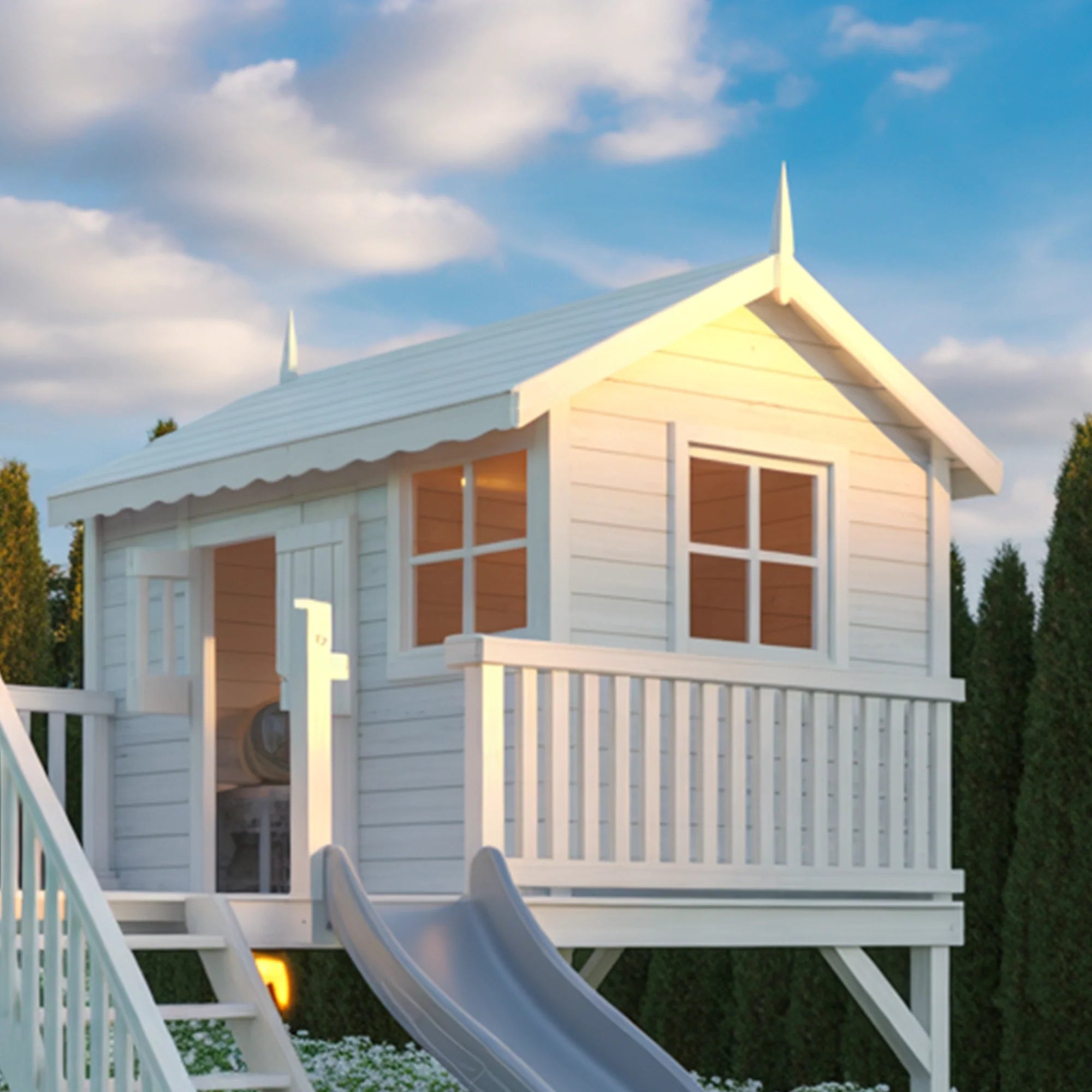Modern Wooden Playhouse with Double Slide – 16ft x 10ft x 9ft Outdoor Backyard Activity House for Kids