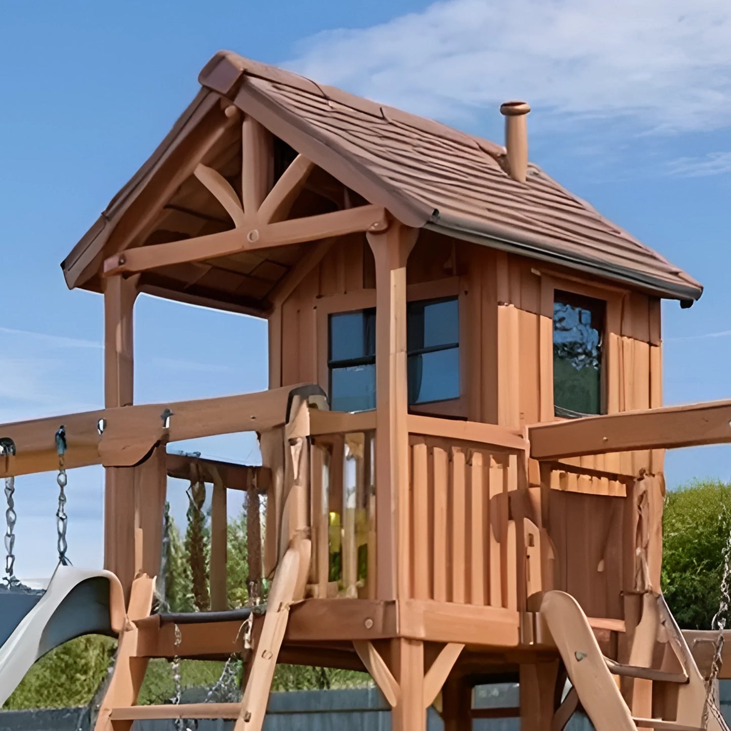 Kids Wooden Playground – Swing Set with Slide, Bench & Playhouse for Backyard