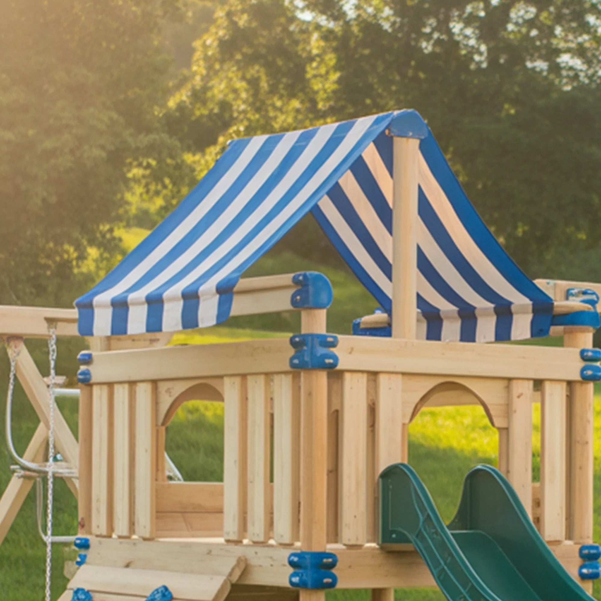 Wooden Outdoor Playhouse with Slide, Double Swings & Climbing Net – Backyard Adventure Set | 22x10x9 ft