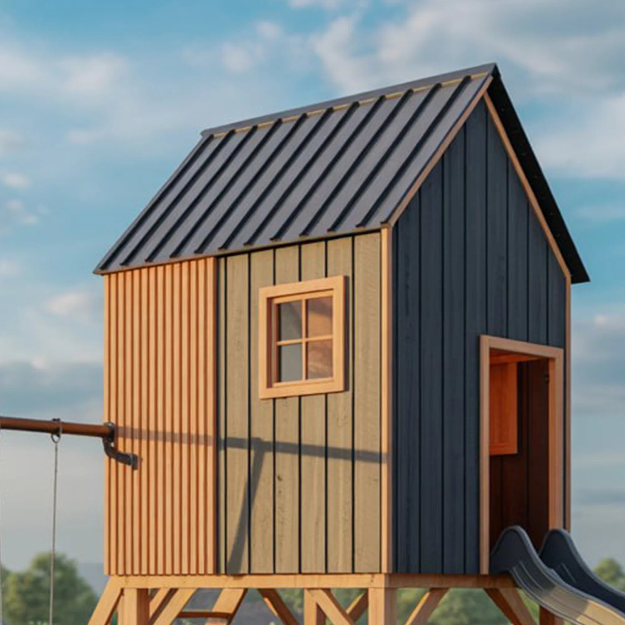 Modern Wooden Playhouse with Slide & Swings – 22ft x 12ft x 9ft Outdoor Kids Playground