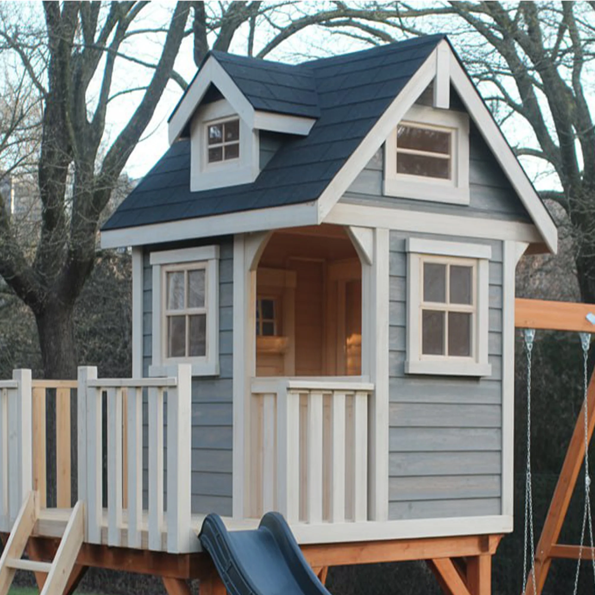 Wooden Playhouse with Slide and Swing – Elevated Backyard Kids Outdoor Playset 16x12 ft