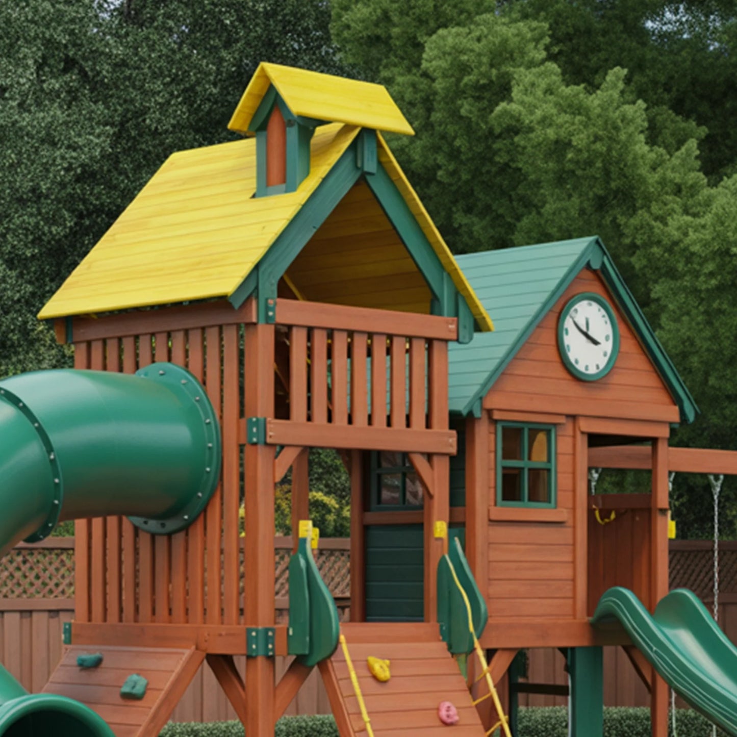 Deluxe Wooden Swingset with Dual Slides, Climbing Walls & Tube Slide – 25ft Backyard Playset