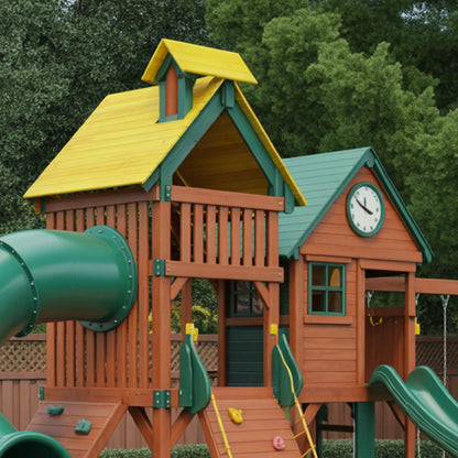 Deluxe Wooden Swingset with Dual Slides, Climbing Walls & Tube Slide – 25ft Backyard Playset