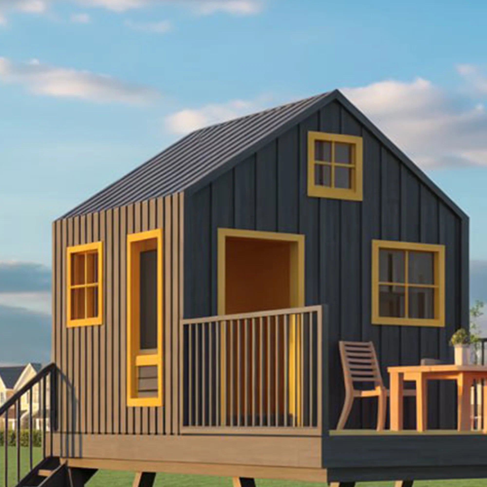 Modern Elevated Playhouse with Spiral Slide – Outdoor Wooden Adventure Set, 22ft x 12ft x 9ft