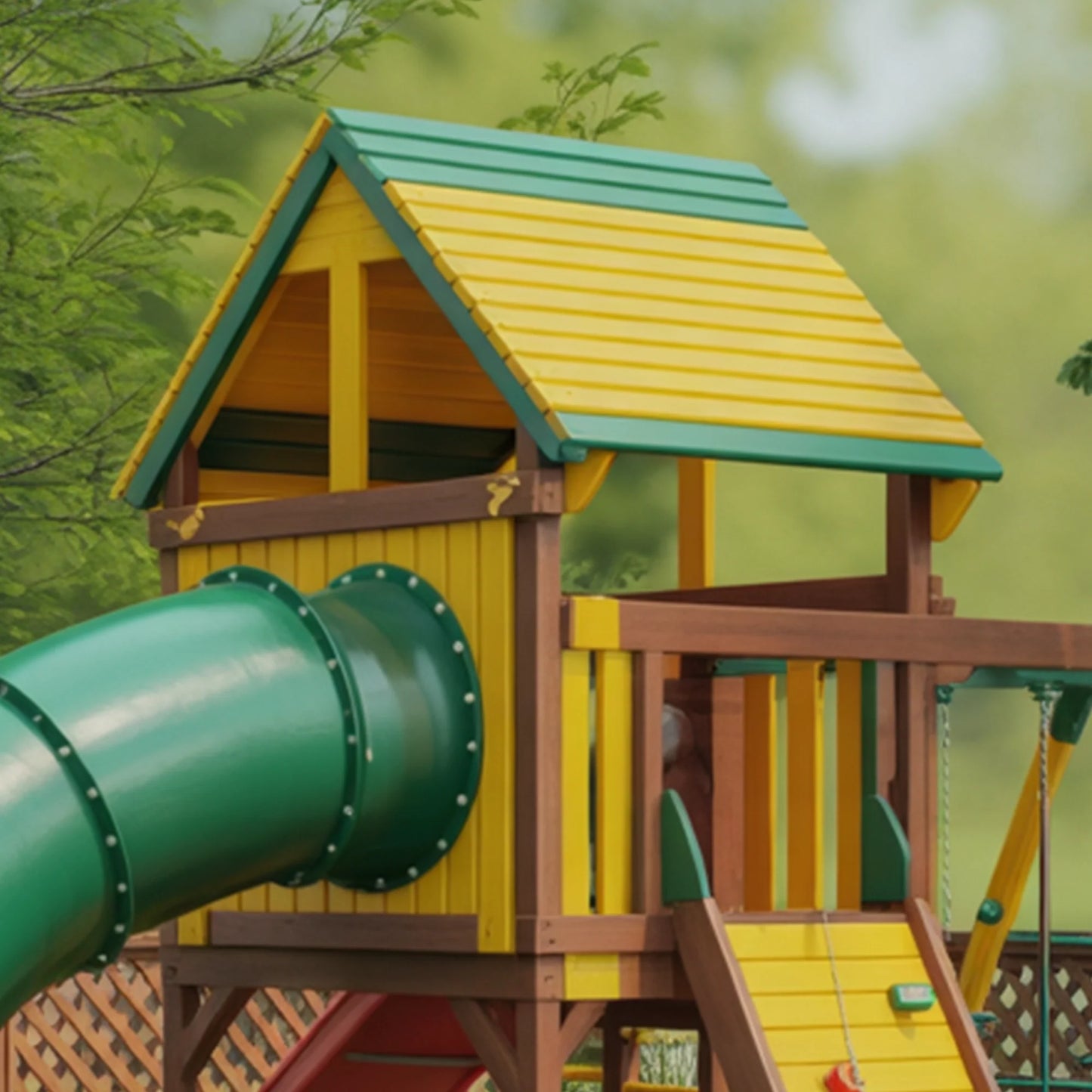 Premium Wooden Swingset with Tube Slide, Rock Wall & Dual Swings – 21ft x 13ft x 11ft Heavy-Duty Backyard Playset