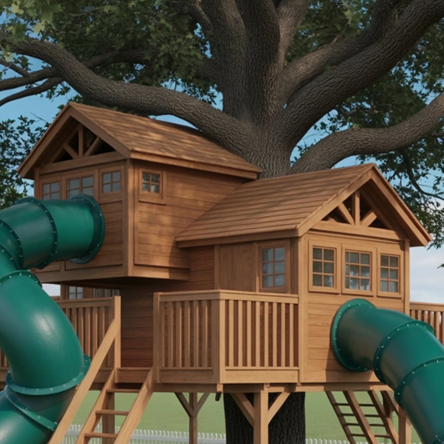 Wooden Treehouse Swingset with Double Tube Slides – Outdoor Playset