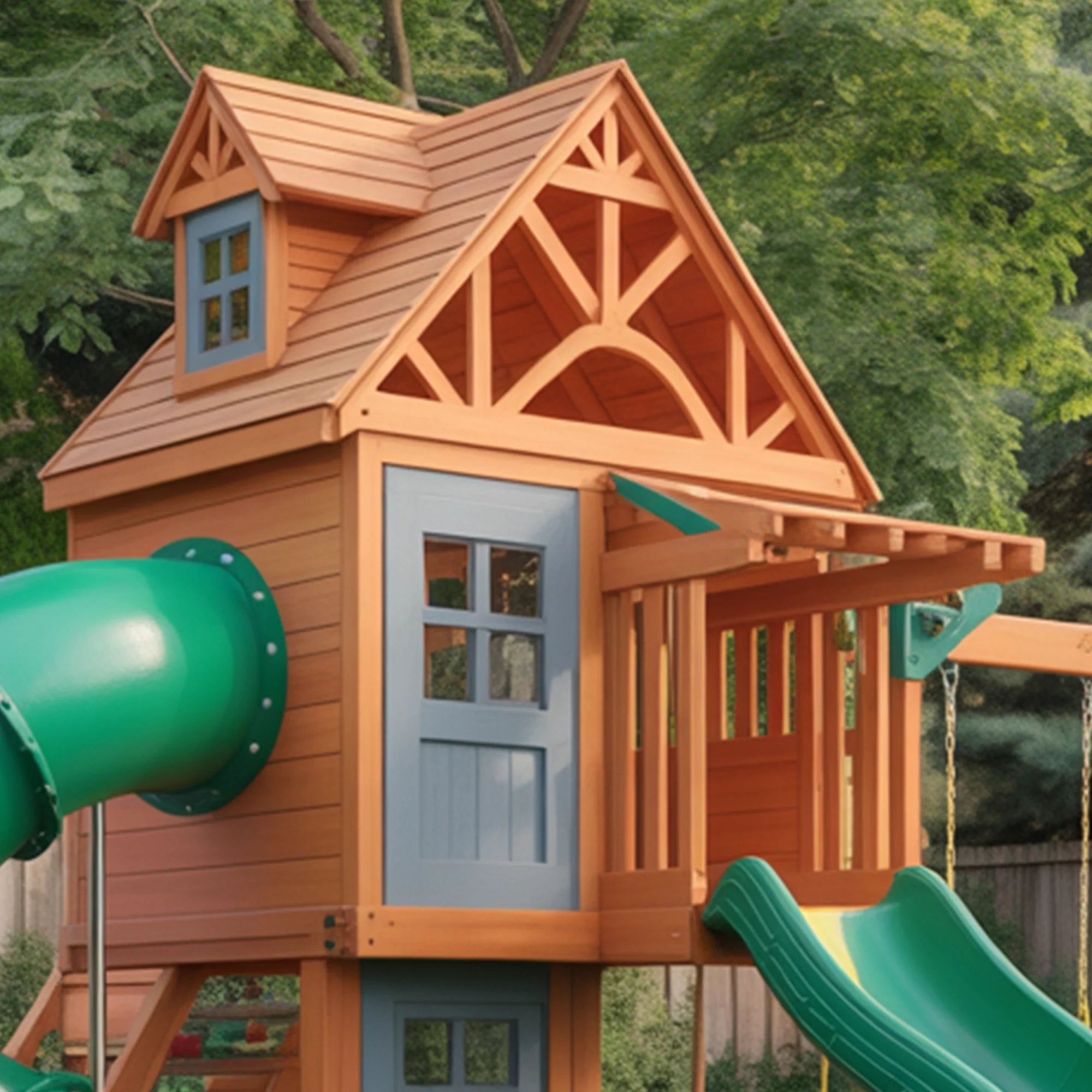 Deluxe Wooden Playset with Spiral Tube Slide, Dual Swings & Ladder – Outdoor Backyard Playground 16ft x 10ft x 9ft