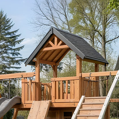 Wooden Swing Set with Clubhouse, 3 Swings & Long Slides – Outdoor Play Area