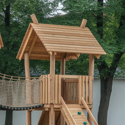 Large Wooden Kids Playhouse with Bridge & Slide | 22x12x9 ft Outdoor Playground