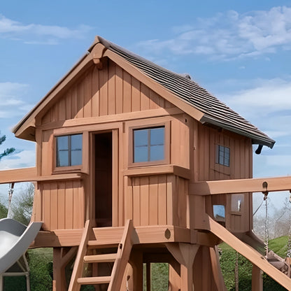 Wooden Swing Set for Backyard – Playhouse, Climbing Ladder & Double Swings