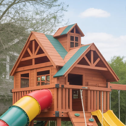 Wooden Swingset with Spiral Tube Slide, Straight Slide & Swings – Kids Outdoor Playground