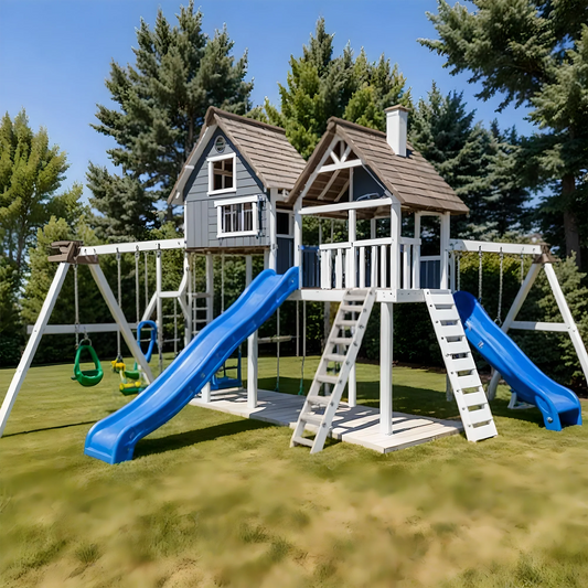 All-in-One Wooden Swing Set – Outdoor Playset with Double Slides & Swings
