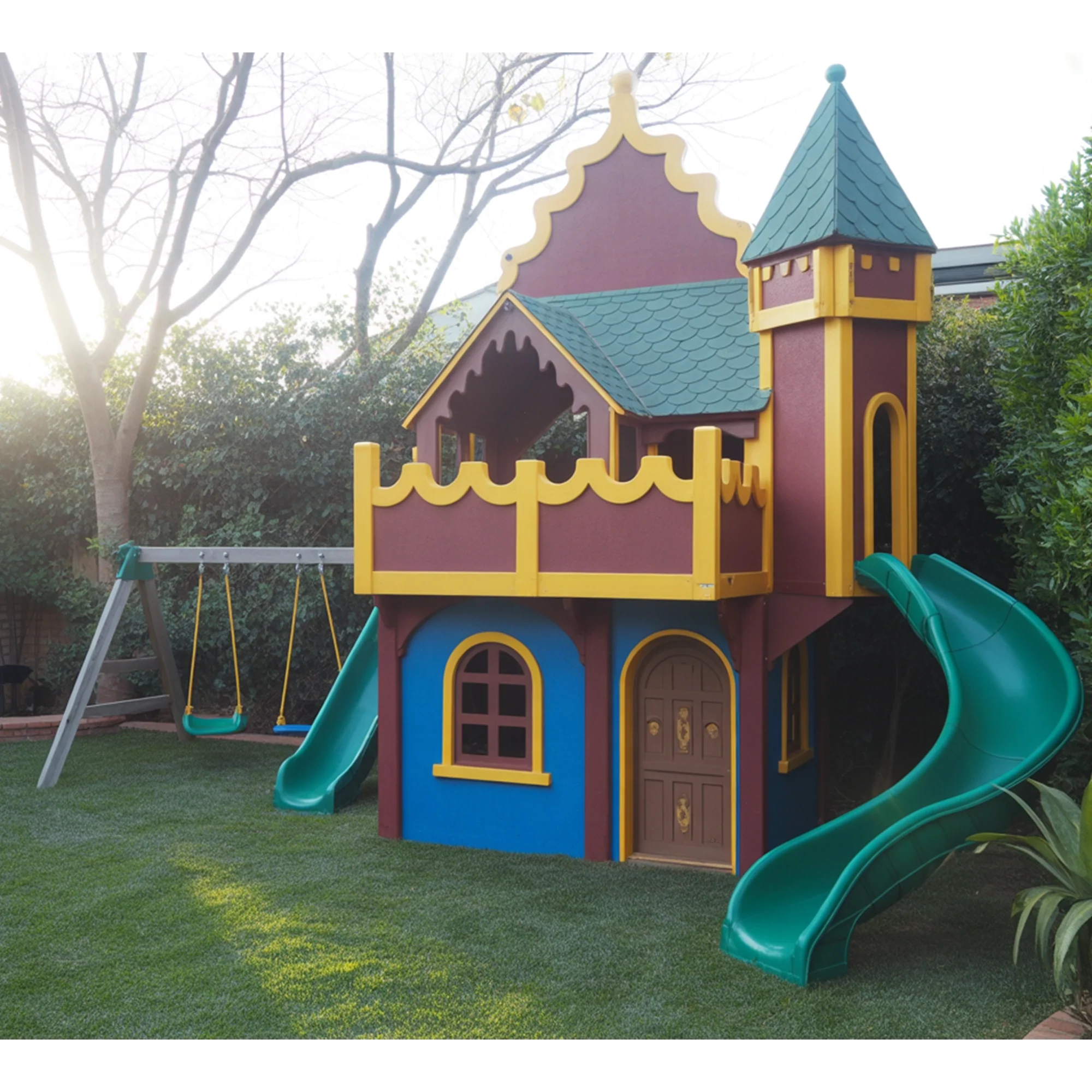 Wooden Castle Playhouse with Tower & Slides | Luxury Outdoor Playground with Swings for Kids Backyard Adventure
