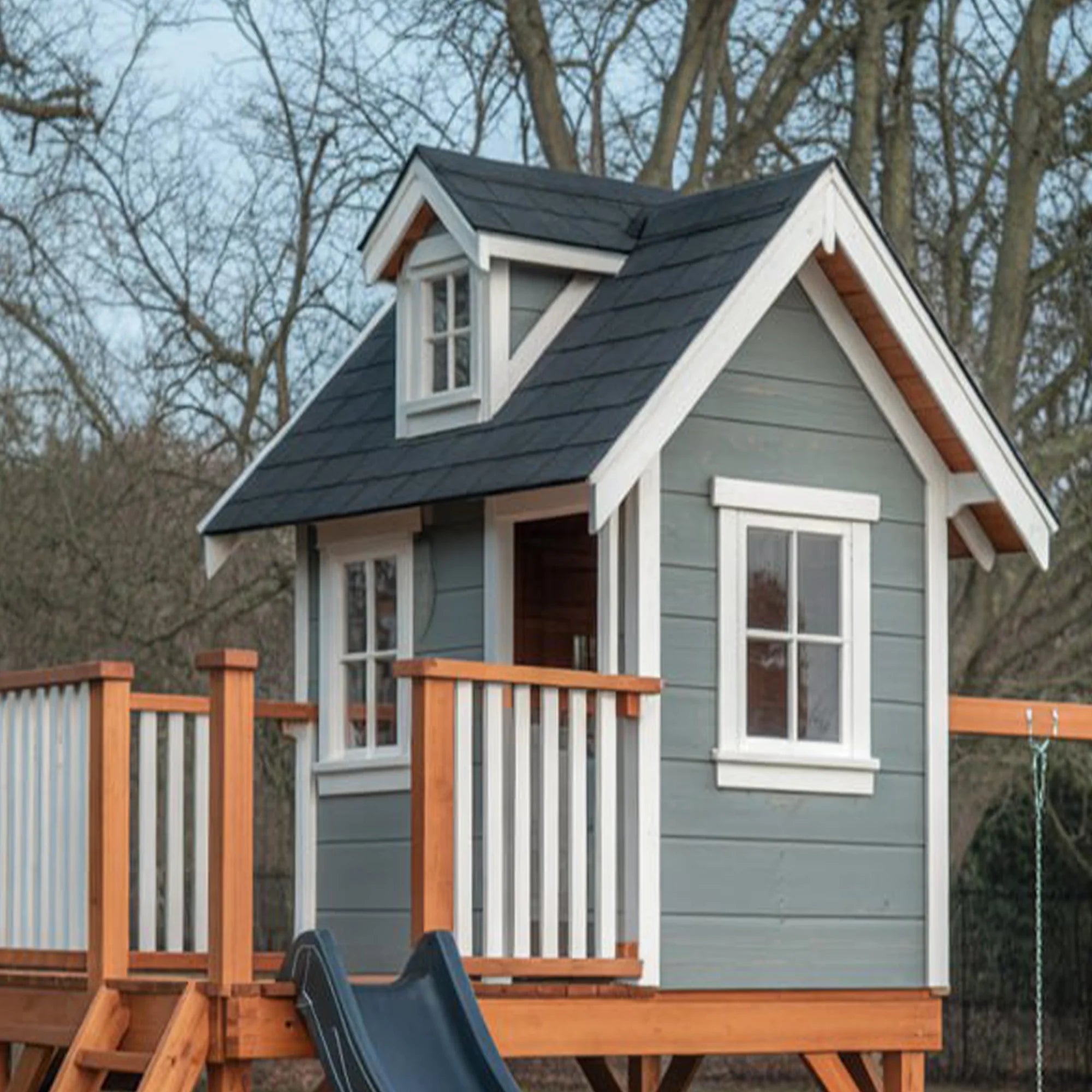 Modern Wooden Playhouse with Slide & Swing – Backyard Adventure Set, 16ft x 12ft x 9ft