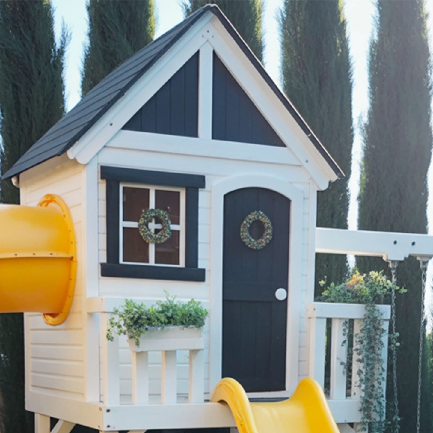 Wooden Playhouse with Tube & Wave Slide | 22x12x9 ft Backyard Playground with Swings & Sandbox