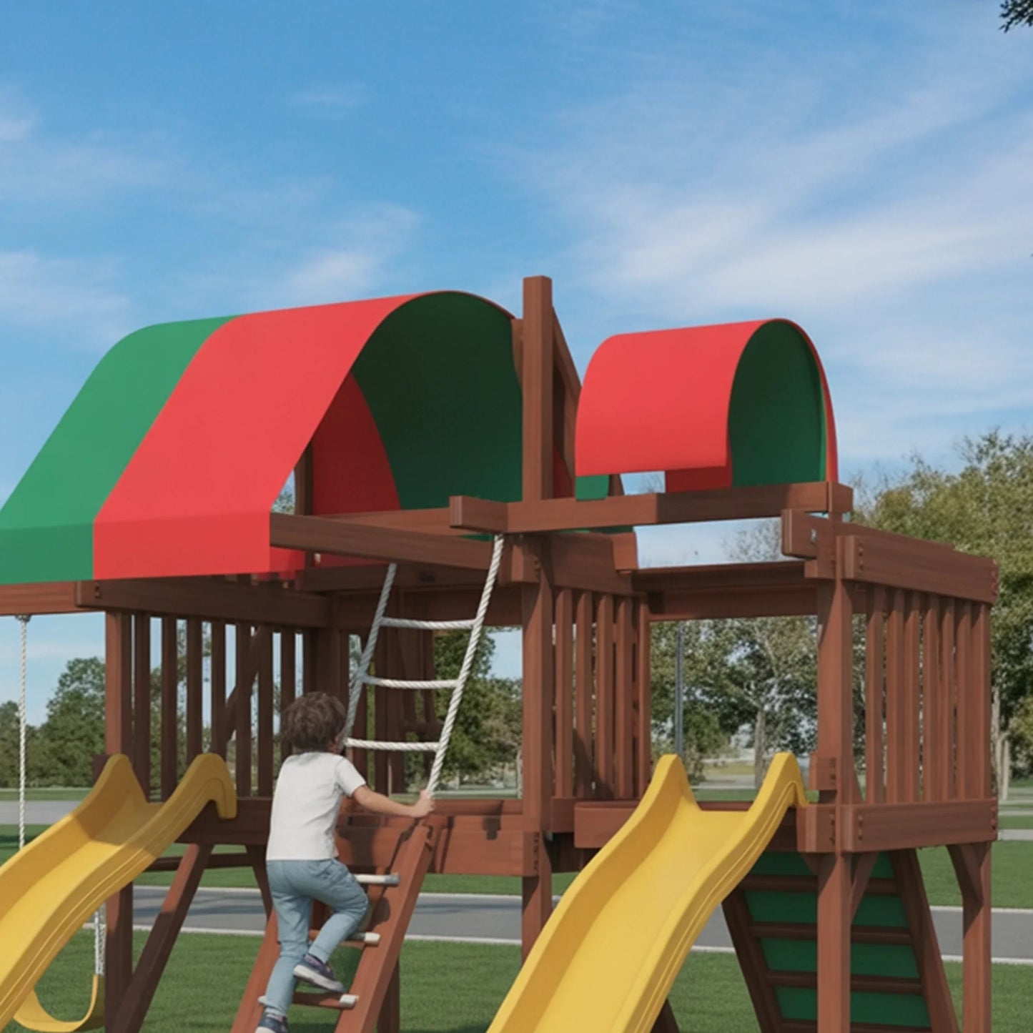 Deluxe Wooden Swingset with Dual Slides, Climbing Wall & Canopy Roof – Outdoor Backyard Playset