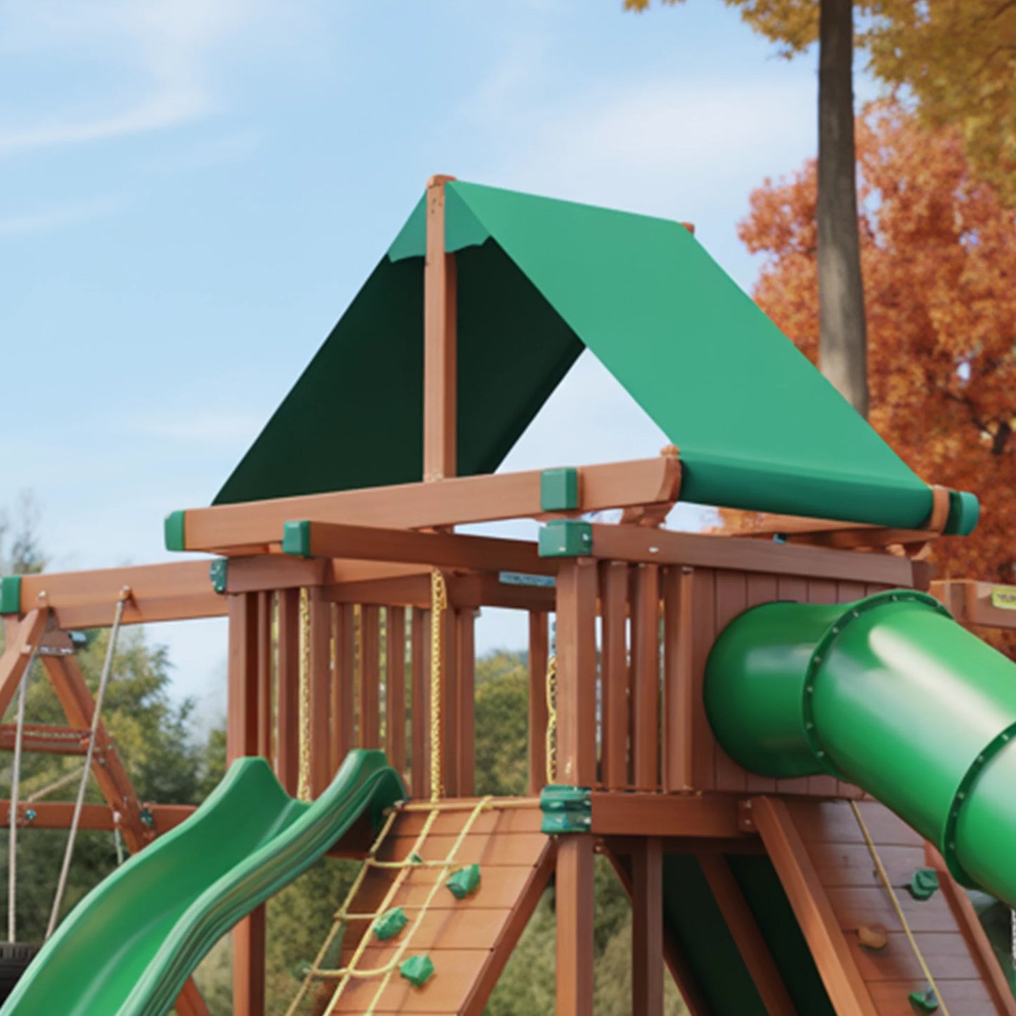 Wooden Swingset with Tube Slide, Double Swings & Climbing Wall – Kids Outdoor Playground
