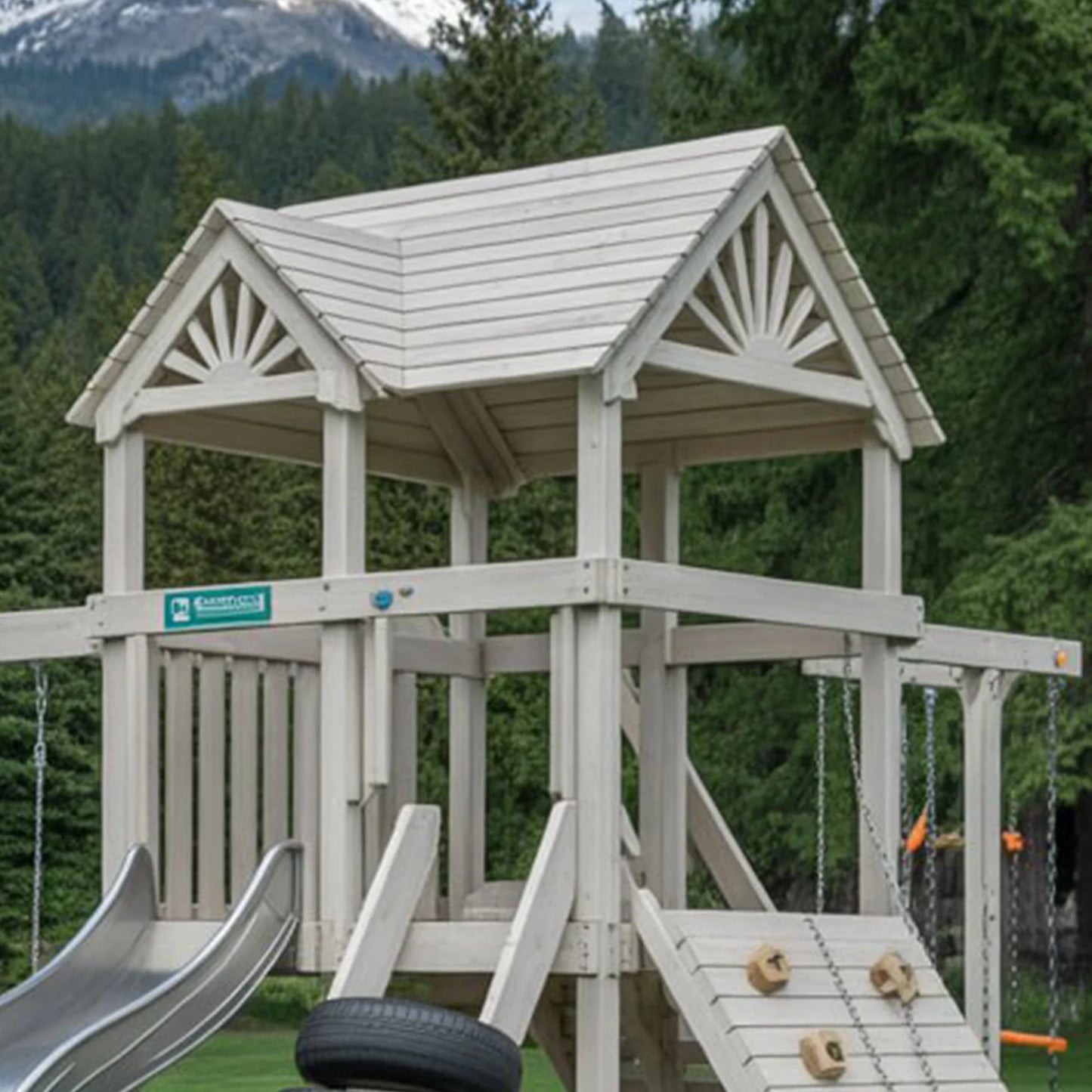 Premium Backyard Wooden Swingset with Double Slides & Playhouse