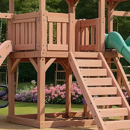 Backyard Kids Playground – Wooden Swing Set with Playhouse, Slides & Climbing Features