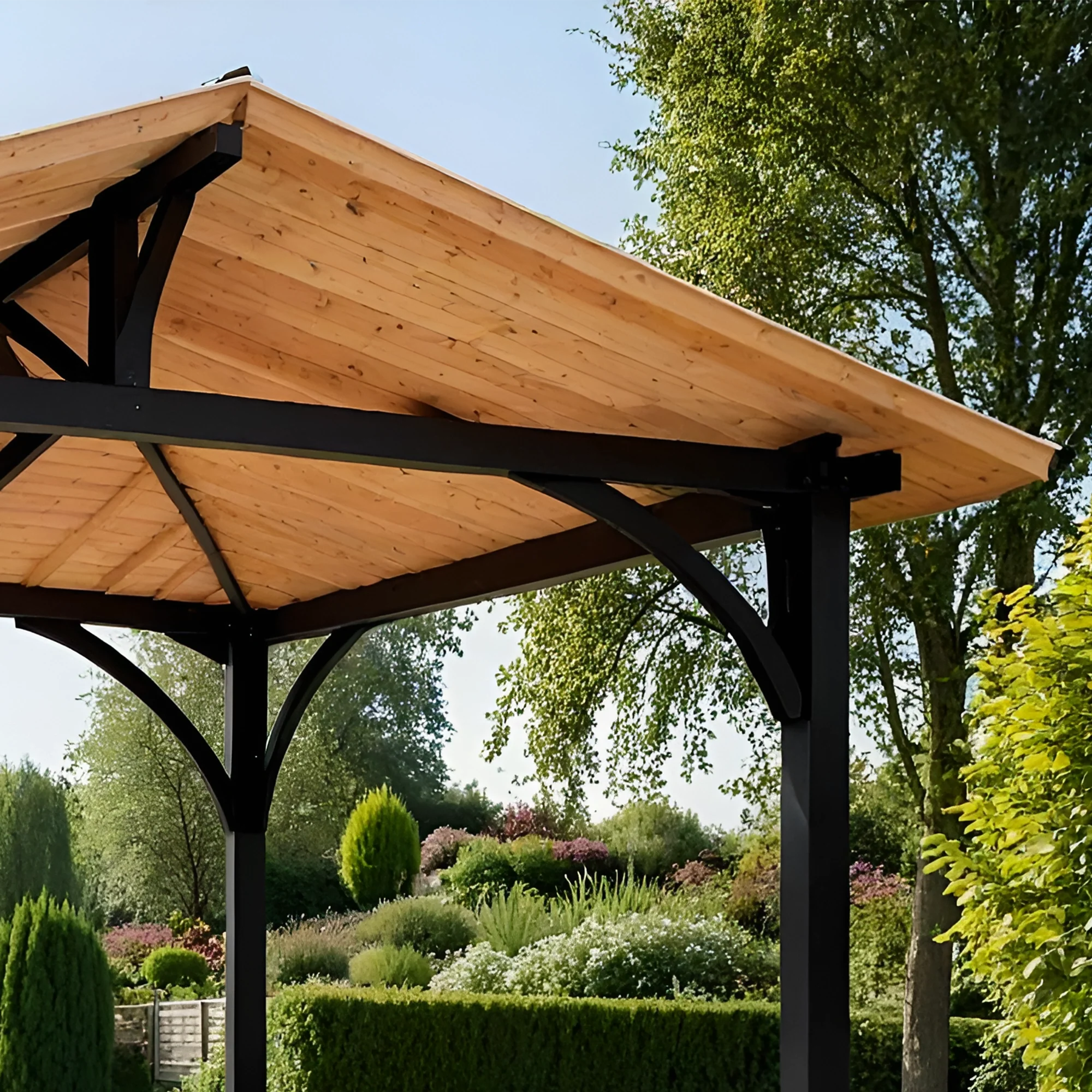 12x12 Wooden & Steel Gazebo with Gable Roof | Outdoor Pavilion for Patio, Garden & Poolside