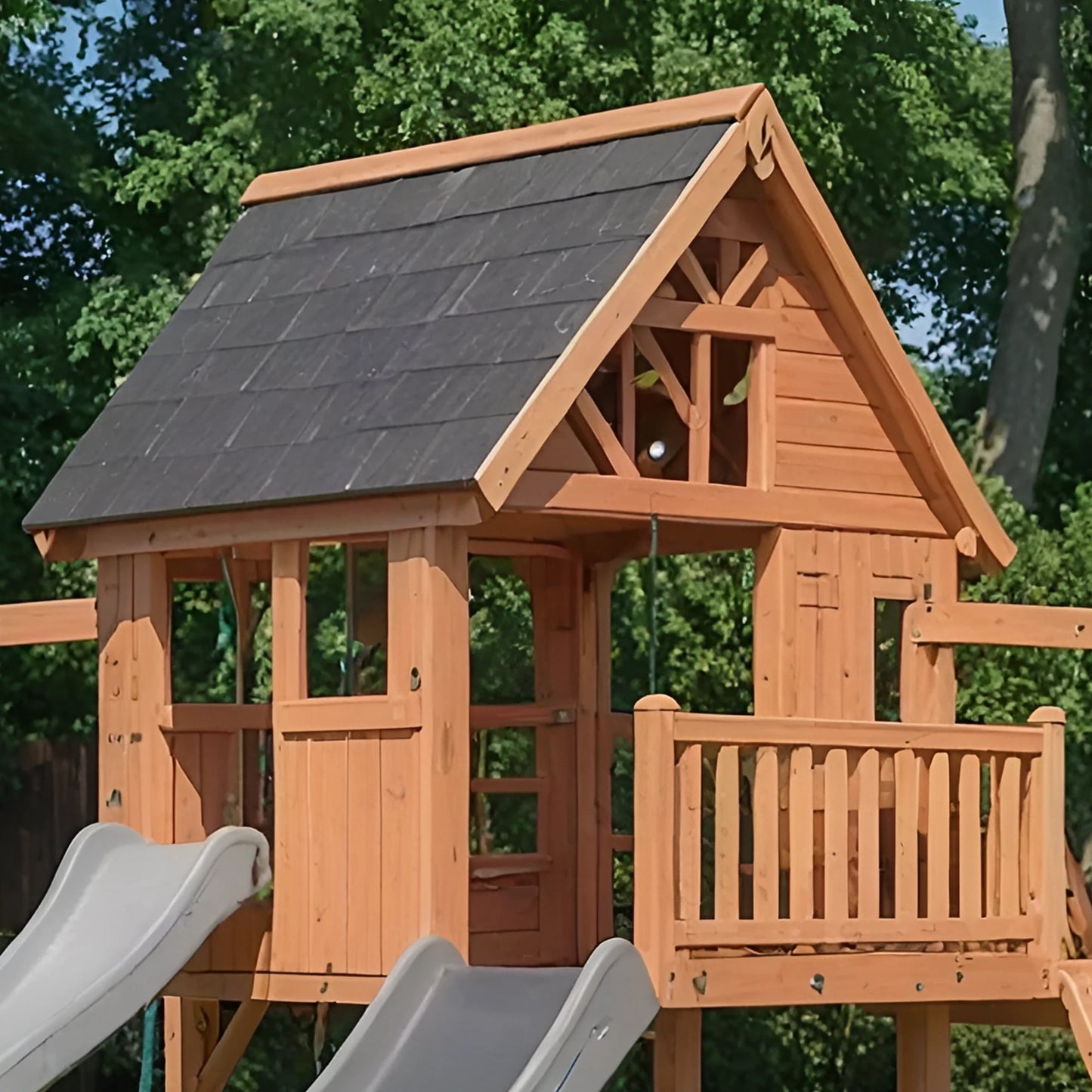 Kids Outdoor Playhouse Tower – Wooden Swing Set with Slide & Sandbox