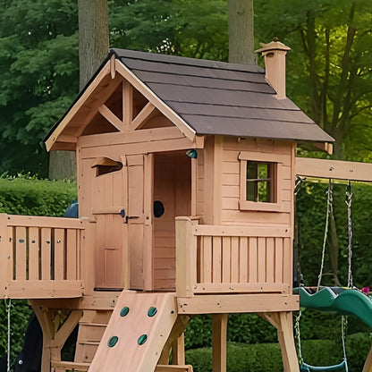 Wooden Swing Set with Slide, Climbing Wall & Playhouse – Outdoor Kids Playground (23 ft)