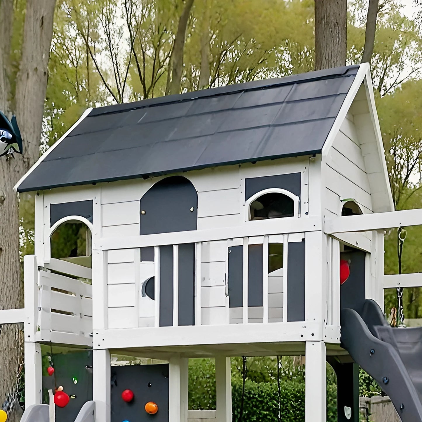 Wooden Swing Set with Double Slides & Playhouse – Outdoor Playground with Swings and Climbing Wall (19.5 ft)