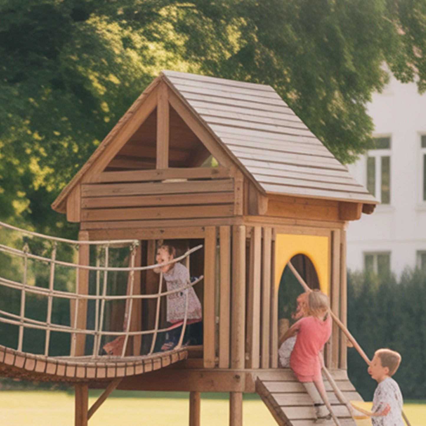 Wooden Twin Tower Playhouse with Rope Bridge & Slide | Outdoor Playground for Kids Backyard Adventure