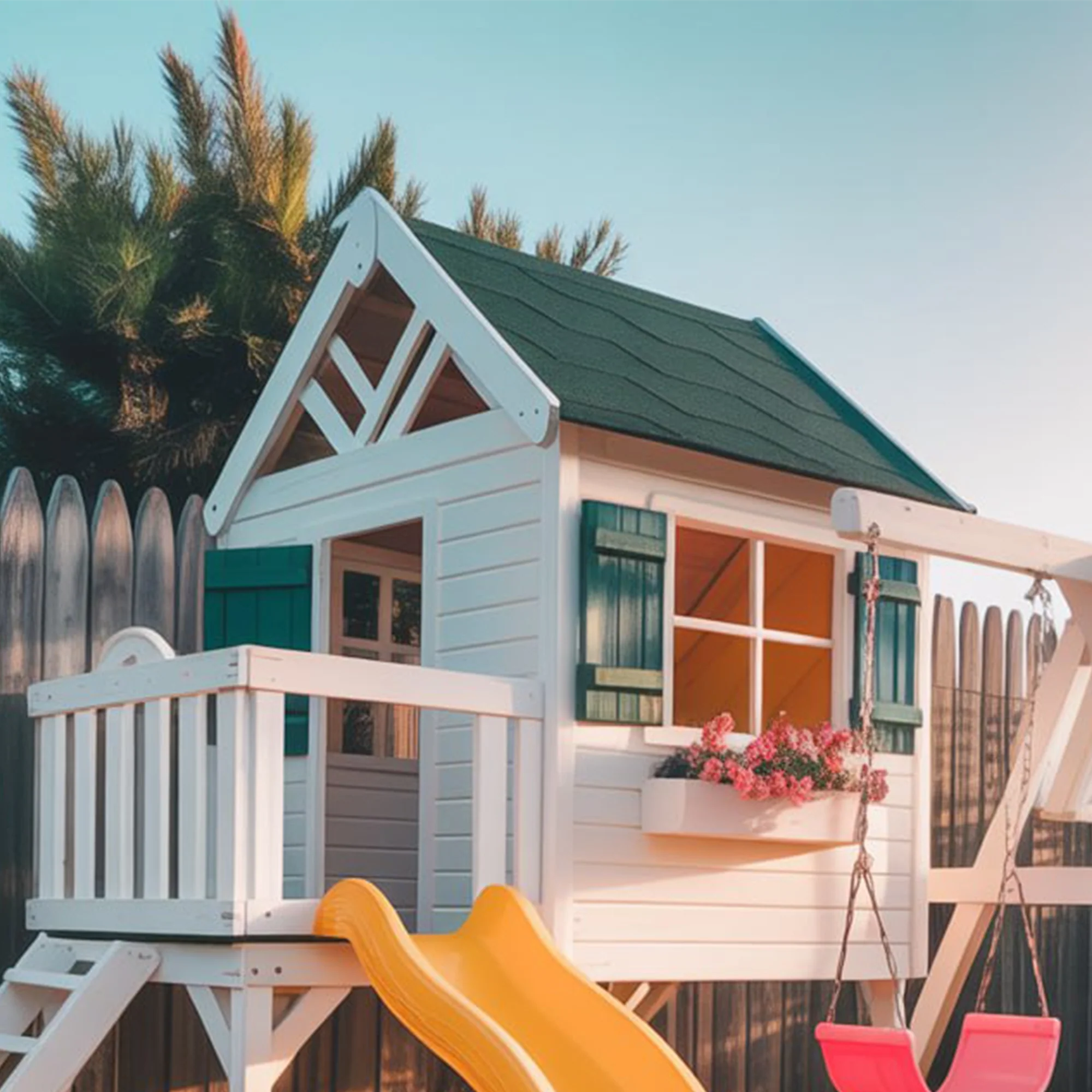 Wooden Outdoor Playhouse for Kids with Yellow Slide & Swing Set