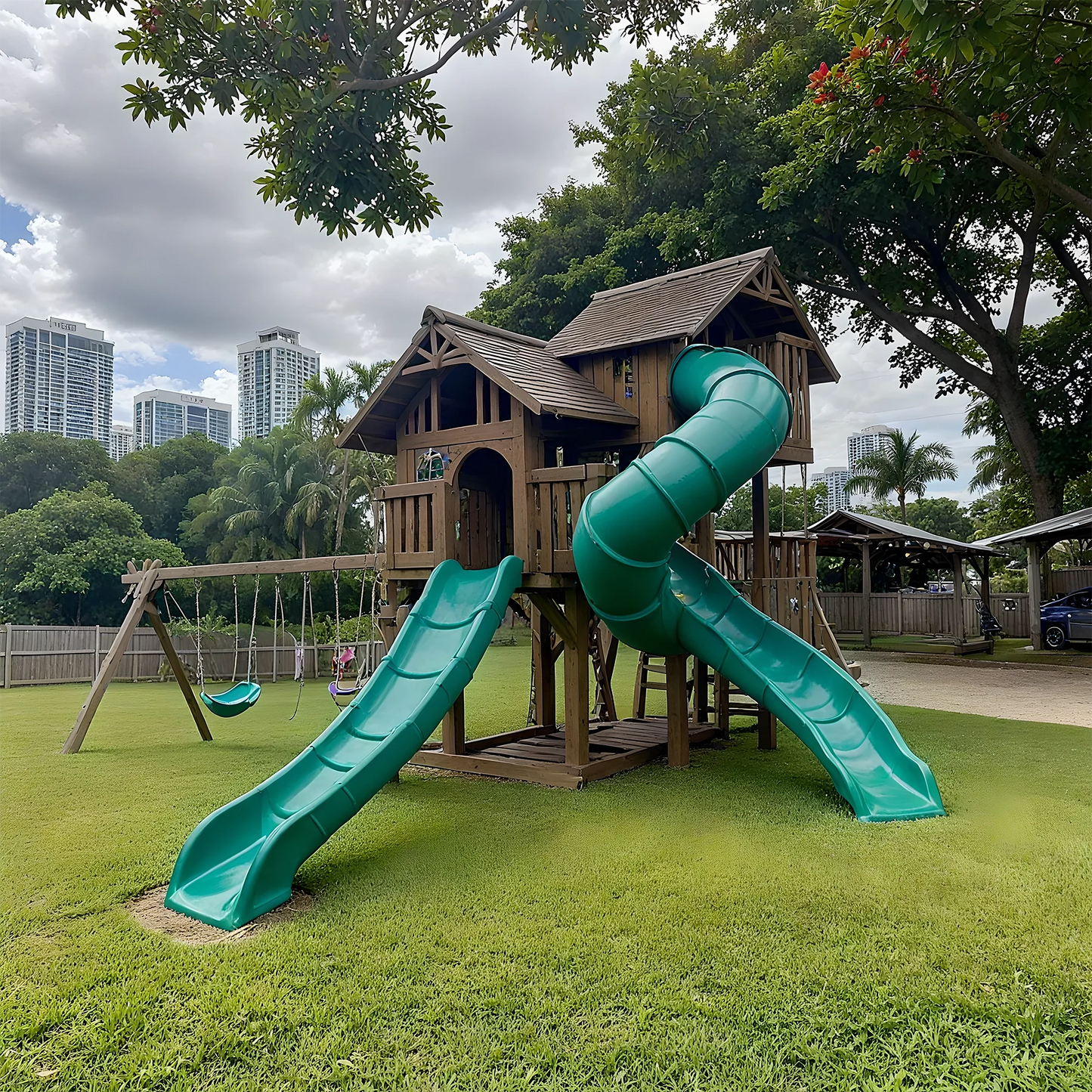 Kids Outdoor Playhouse with Swings, Dual Slides & Climbing Ladder – Wooden Swing Set
