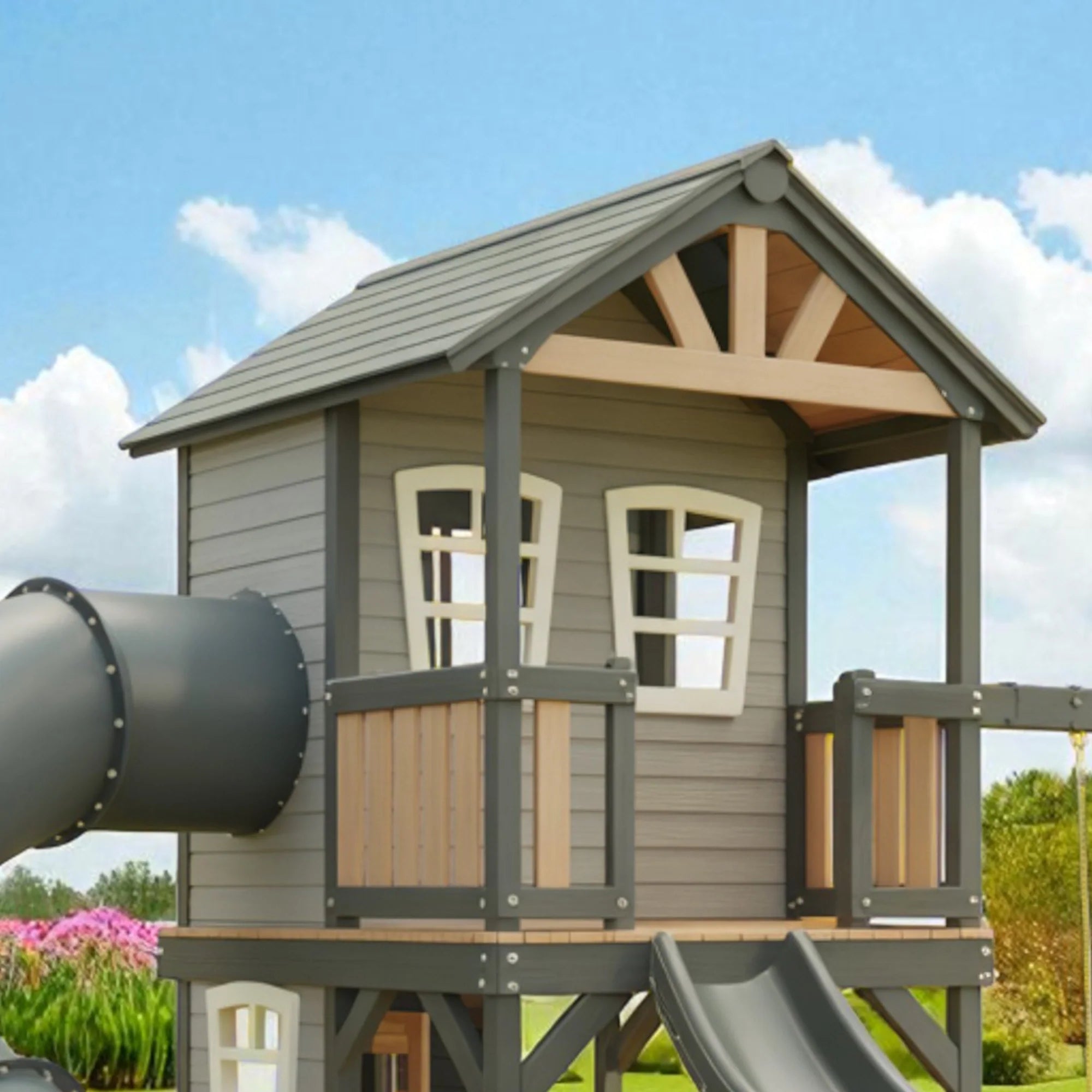 Wooden Playhouse with Slide & Swings | 22x12x9 ft Kids Outdoor Playground for Backyard Fun