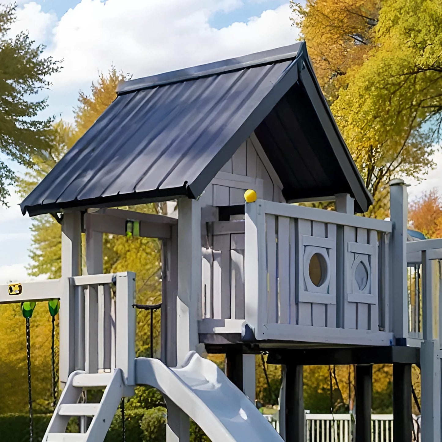 Large Wooden Swing Set with Playhouse, Slide & Swings – Outdoor Backyard Playground (23.6 ft)