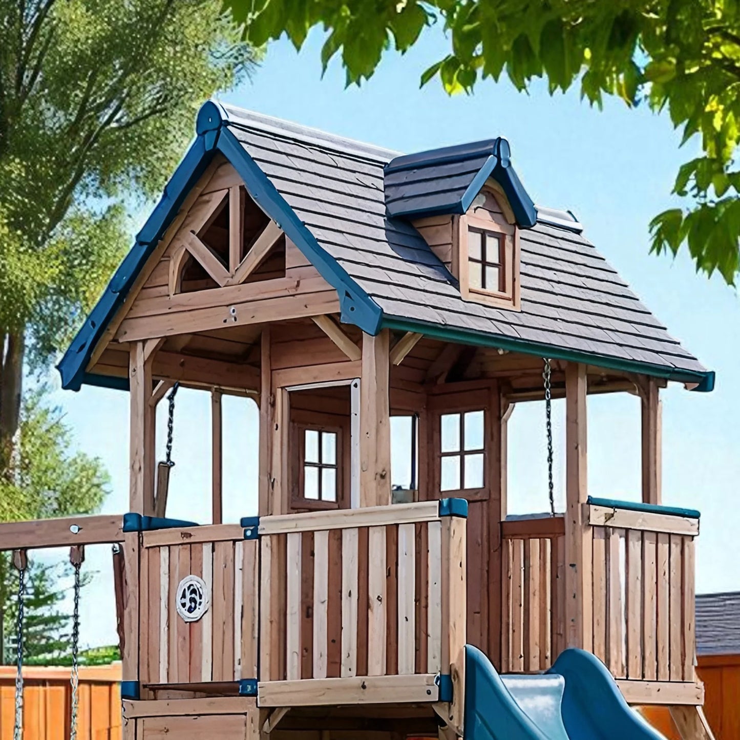 Outdoor Wooden Swingset with Spiral Tube Slide & Dual Swings