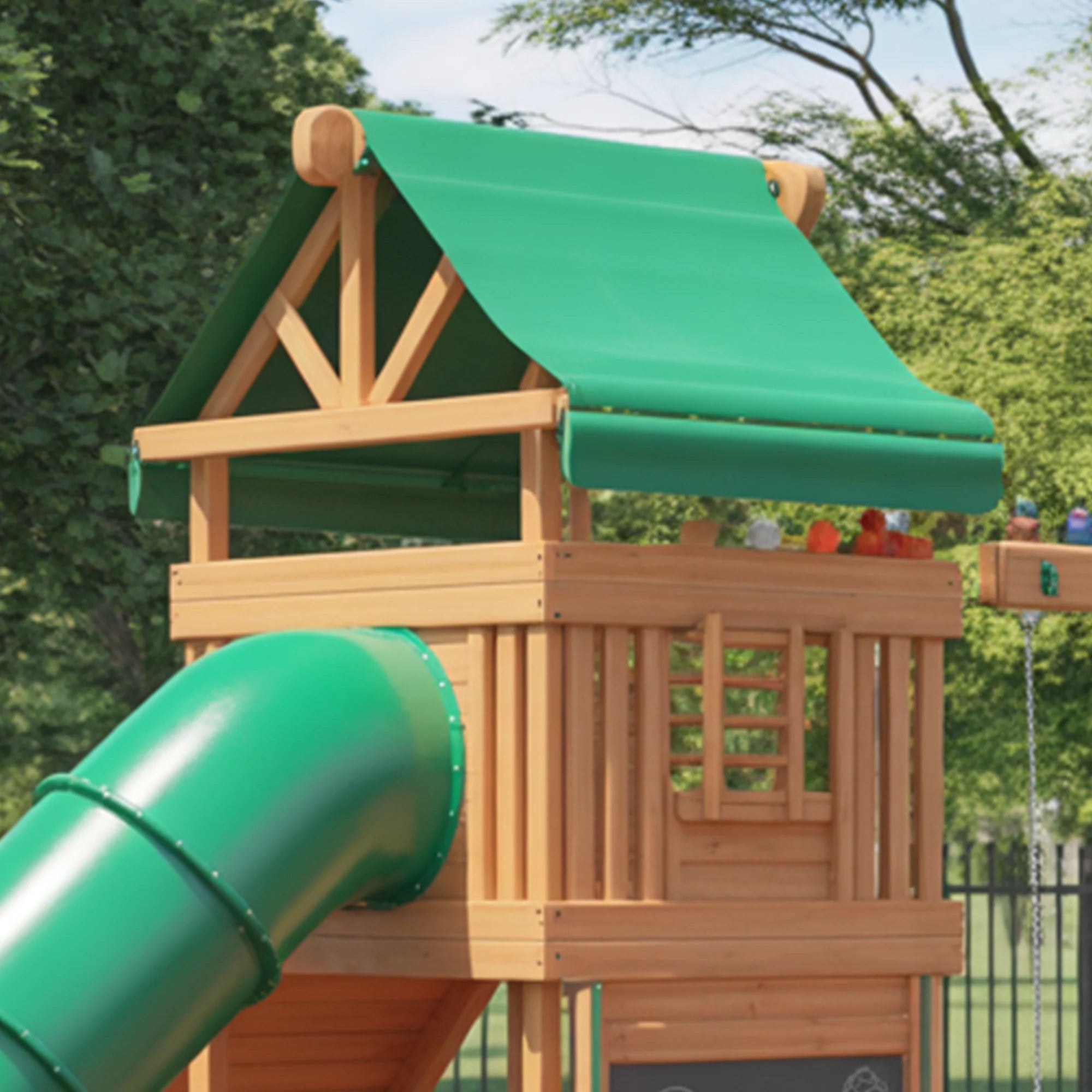 Backyard Wooden Playset with Tube Slide, Double Swings & Climbing Wall – Outdoor Adventure Swing Set for Kids | Durable & Safe Design