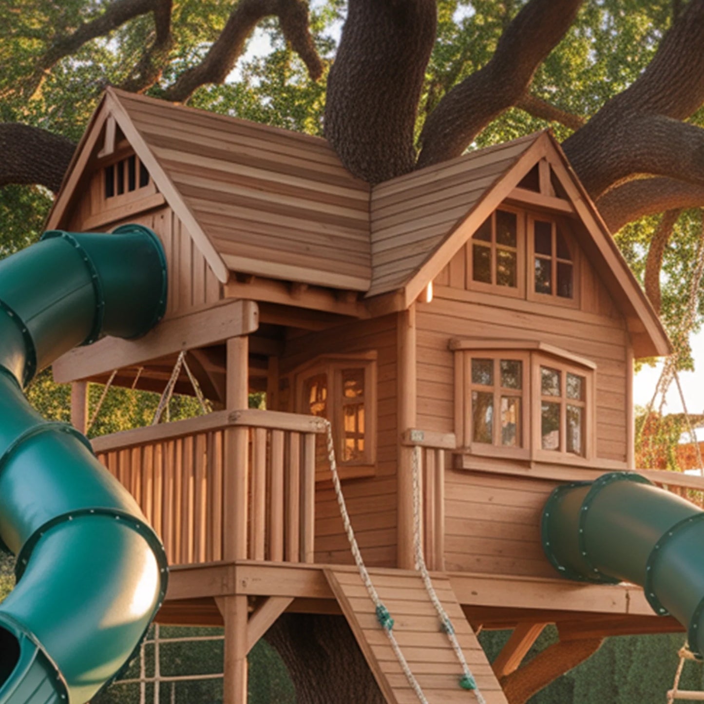 Wooden Swingset with Double Playhouses & Tube Slides – Kids Outdoor Playground
