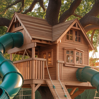 Wooden Swingset with Double Playhouses & Tube Slides – Kids Outdoor Playground