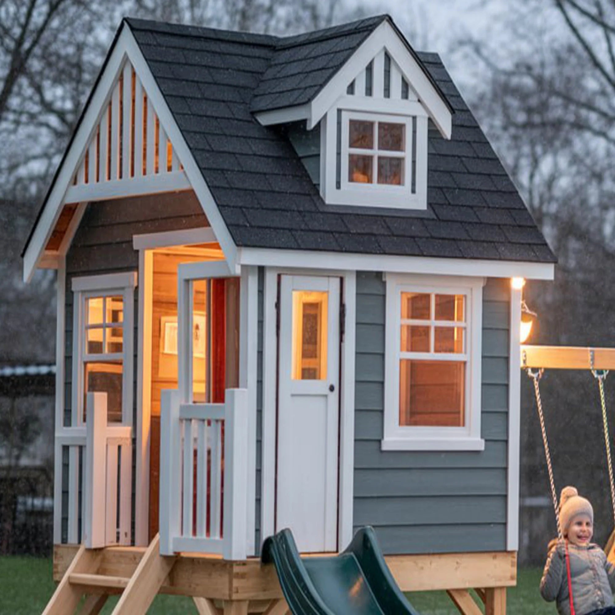 Modern Wooden Playhouse with Slide and Swing – Outdoor Kids Backyard Playground Set (16ft x 12ft x 9ft)