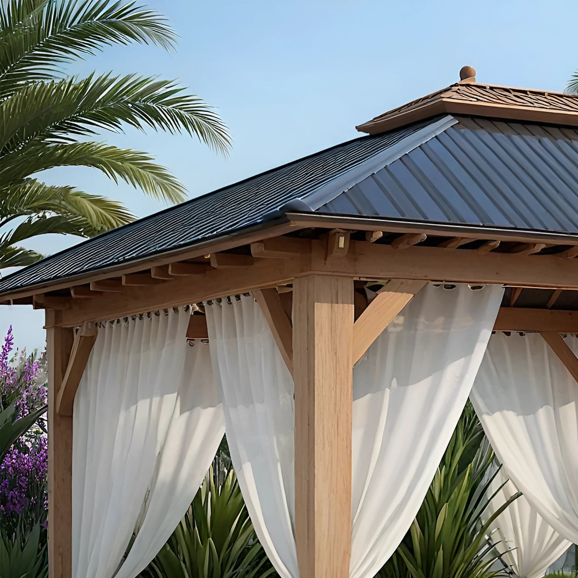12x12 Wooden Outdoor Gazebo with Curtains & Metal Roof | Garden Pavilion for Patio, Poolside & Backyard