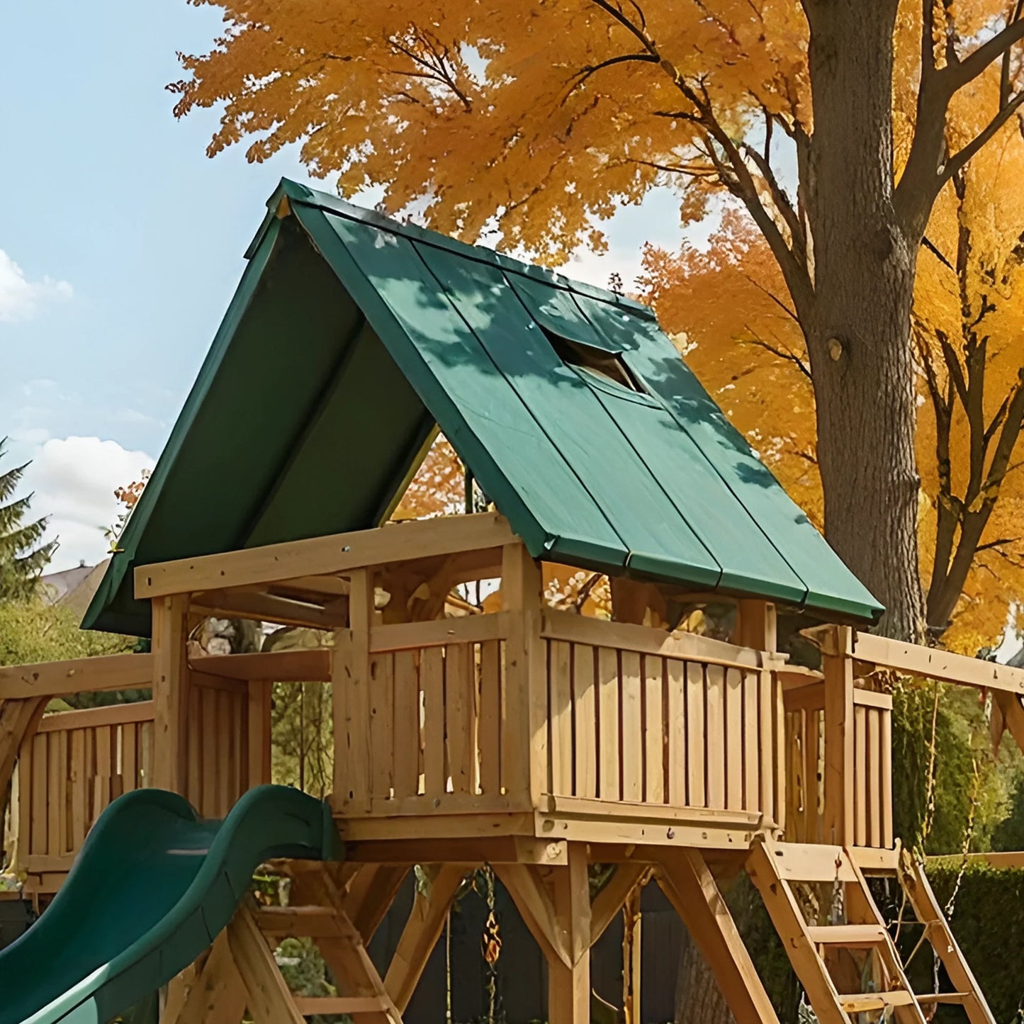 Backyard Wooden Swing Set with Double Slide, Swings & Playhouse – Outdoor Kids Playground